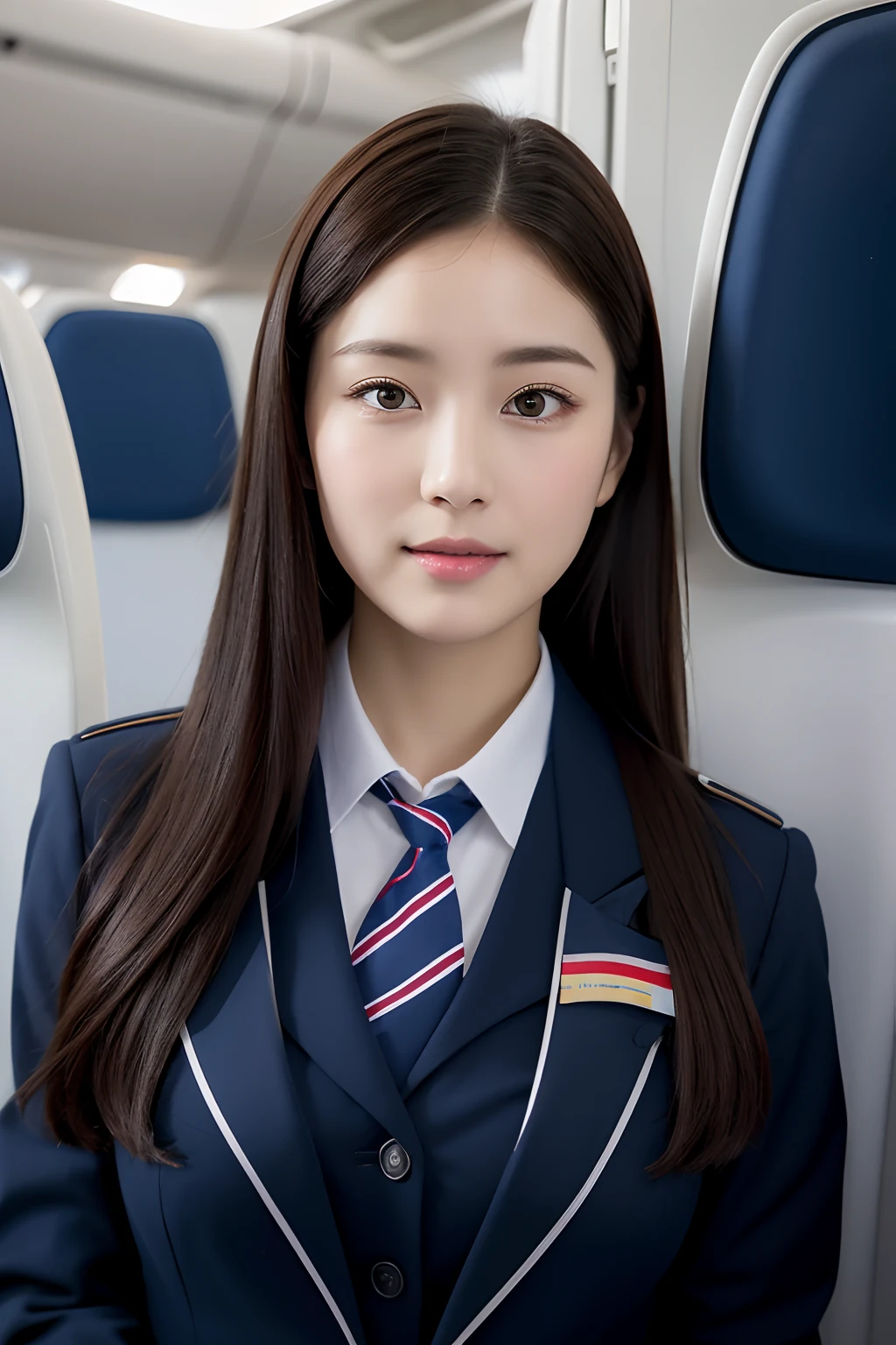 Top Quality, Masterpiece, 8K, Ultra High Definition, (Photorealistic: 1.4), 1 Girl, Beautiful Face, Symmetrical Eyes, Big, Perfect Body Proportions, Stewardess Uniform, Viewer's Look, (Inside the Airplane: 1.2), Front View, Shoulder Jump, Absolute Area (1.3),