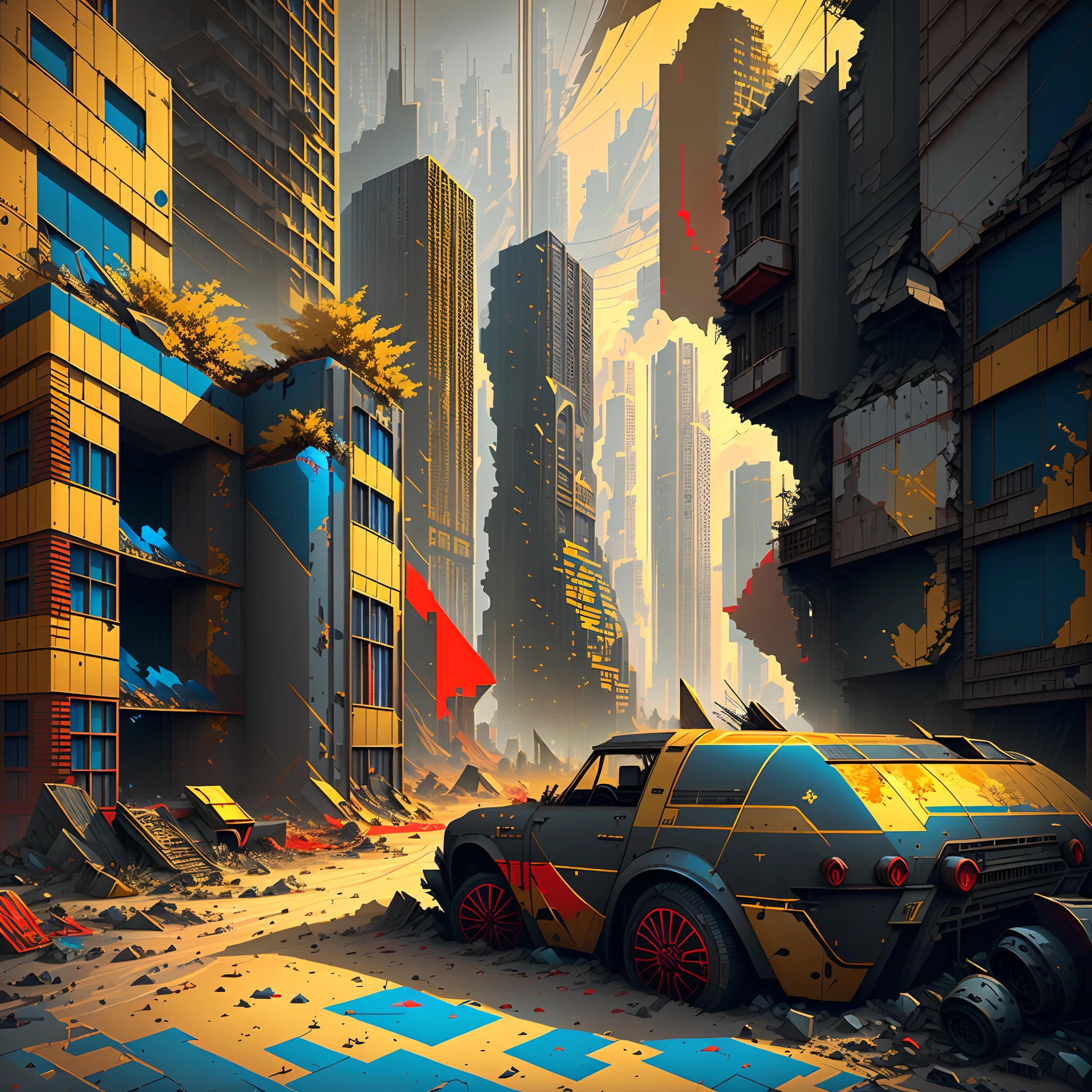 (Gray-red,blue-gold,color scheme:1.4)In a post-apocalyptic metropolis, The remains of a huge city lie in ruins, Similar to the pixelated gameplay style. Capture the view through the drone's perspective, Provides a unique fisheye lens effect. The atmosphere is full of nostalgic cyberpunk vibe, Dilapidated cars and buildings are intertwined in a mesmerizing display. The city is bathed in neon lights, Cast an eerie glow on particles of floating dust that fill the air. In the midst of desolation, Nature endures, Plants slowly regain their urban landscape with their continuous growth. The scene is a fascinating blend of futurism and decay, Create a surreal world，Remnants of the past merge with the possibilities of a new future.