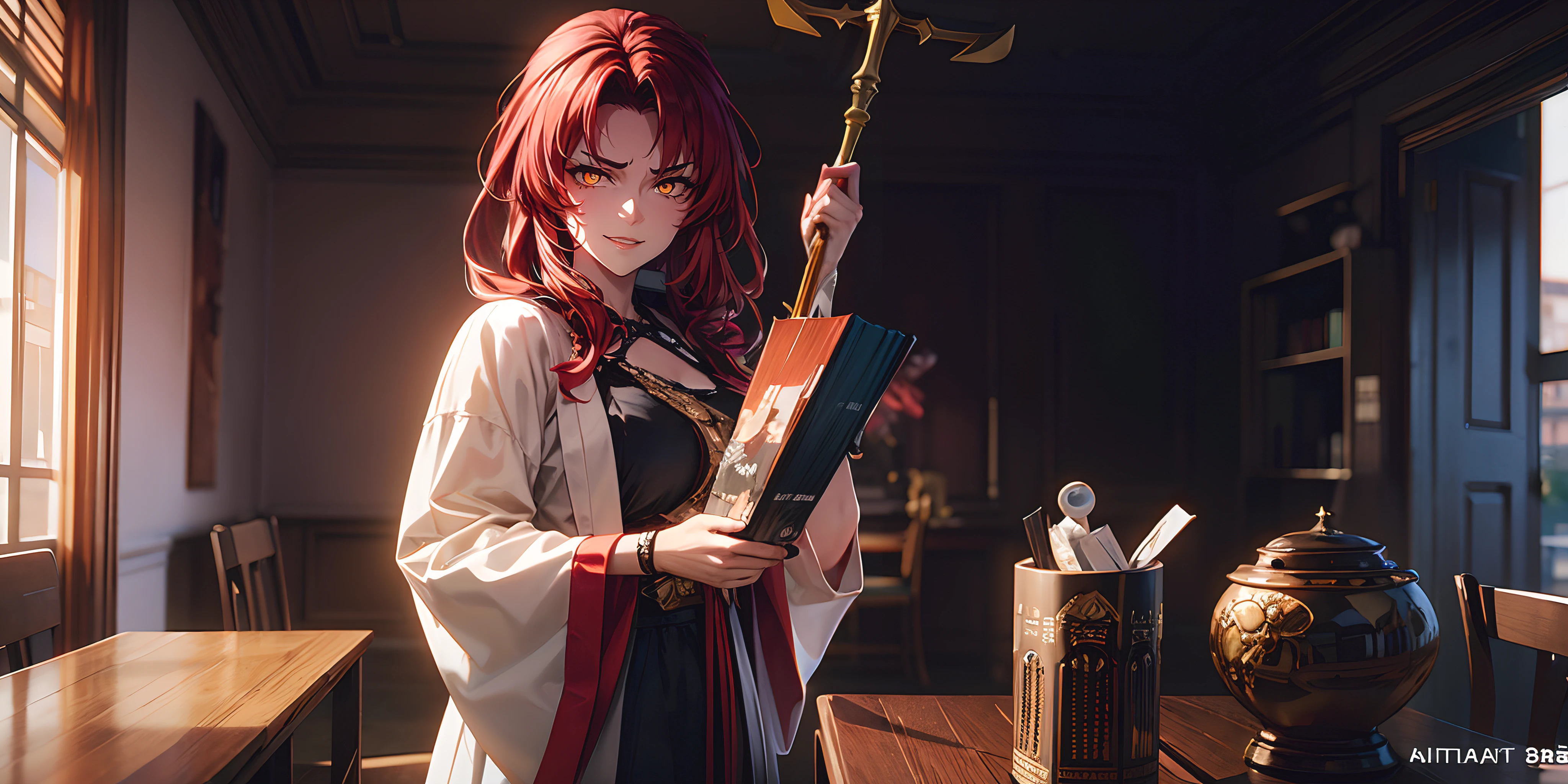 murata_himeko, (red hair, fold hair:1.6), forehead, yellow eyes, sweating, glowing eyes, heavy breathing, epic art, fantasy art, 1girl, solo, wide_sleeves, holding staff, japanese_clothes, standing, indoors, long_sleeves, looking_at_viewer, staff, glow effects, godrays, Hand drawn, render, 8k, octane render, cinema 4d, blender, dark, atmospheric 4k ultra detailed, cinematic, Sharp focus, big depth of field, Masterpiece, colors, 3d octane render, 4k, concept art, trending on artstation, hyperrealistic, Vivid colors, extremely detailed CG unity 8k wallpaper, trending on CGSociety, Intricate, High Detail, dramatic,