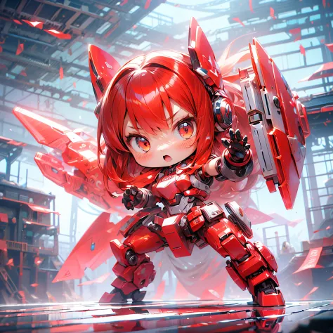 masutepiece, Best Quality, Extremely detailed, Anime, mecha musume, (Red hair), Full body, Battle Pose, Deformed, Chibi Character,