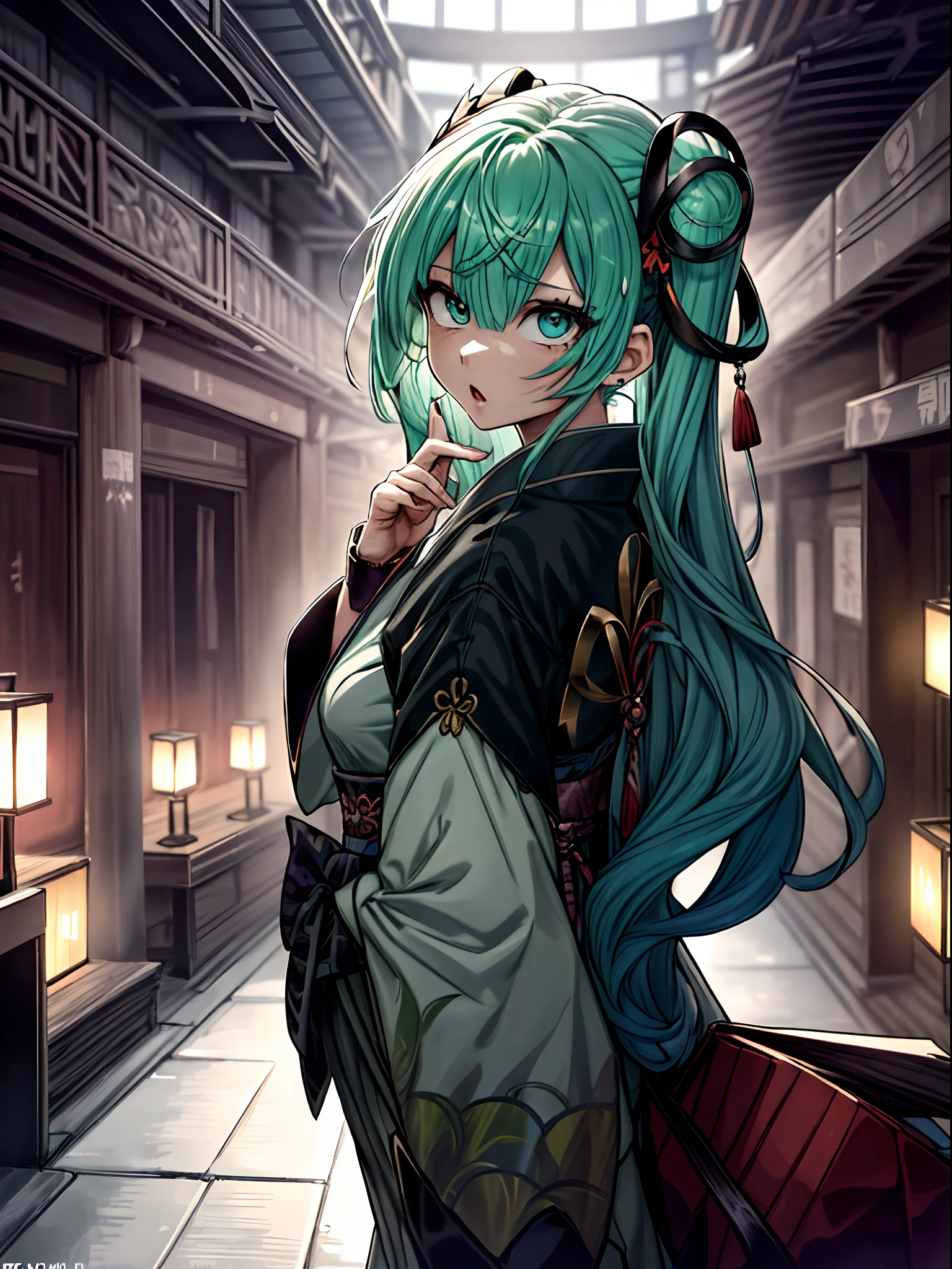 from the rear、From Side、Samurai sword、Full body、Japanese dress、Kimono Dresses、long、miku hatsune、Green hair、Twin-tailed、Ahegao ( Silly / Sexual ecstasy)、Cross-eyed、Stranger、View other people、Blunt bangs、 over-kneehighs,Ahegao , Silly,Sexual ecstasy,Drunken eyes,Blunt bangs, Green hair,(masutepiece:1.2, Best Quality), (finely detailed beautiful eye: 1.2), (Detailed background,Dark Fantasy), (beautifull detailed face), High contrast, (Best Illumination, extremely delicate and beautiful), ((Cinematic Light)), Colorful, Hyper Detail, Dramatic light, Intricate details,