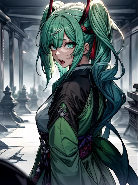 from the rear、from side、japanese katana sword、samurai、full body、japanese dress、kimono dresses、long、miku hatsune、green hair、twin-...