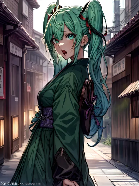 from the rear、from side、Full body、Japanese dress、Kimono Dresses、long、miku hatsune、Green hair、Twin-tailed、Ahegao ( Silly / Sexual...