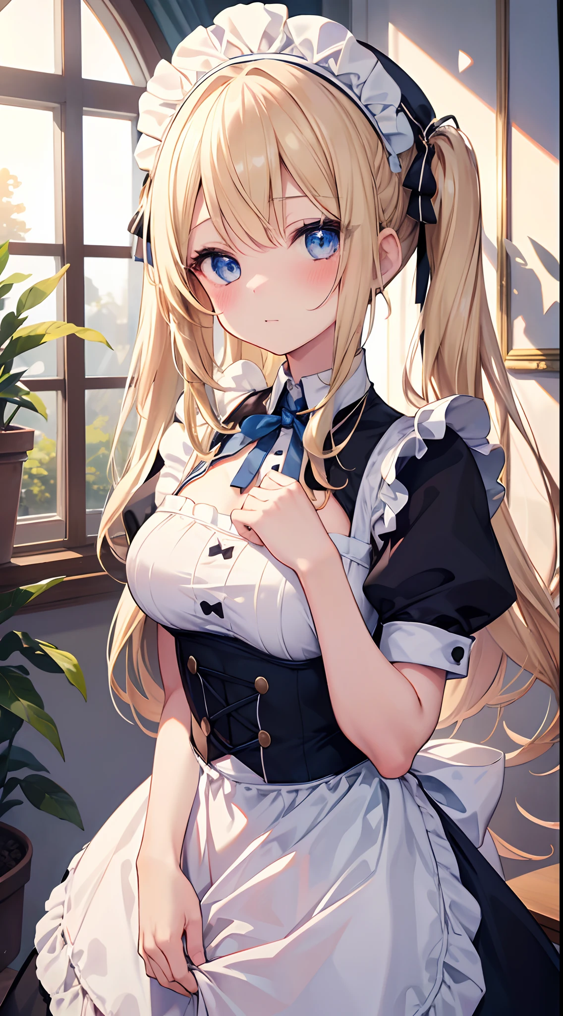 best lighting, absurdres, masterpiece, best quality, ultra-detailed illustration, (1girl:1.3), absurdres high detailed face, medium breast, long blonde hair, maid costume, apron, maid apron, maid headdress, short dress, detailed blue eyes, twintail, indoors, window, shy, blush, cute, hands in front