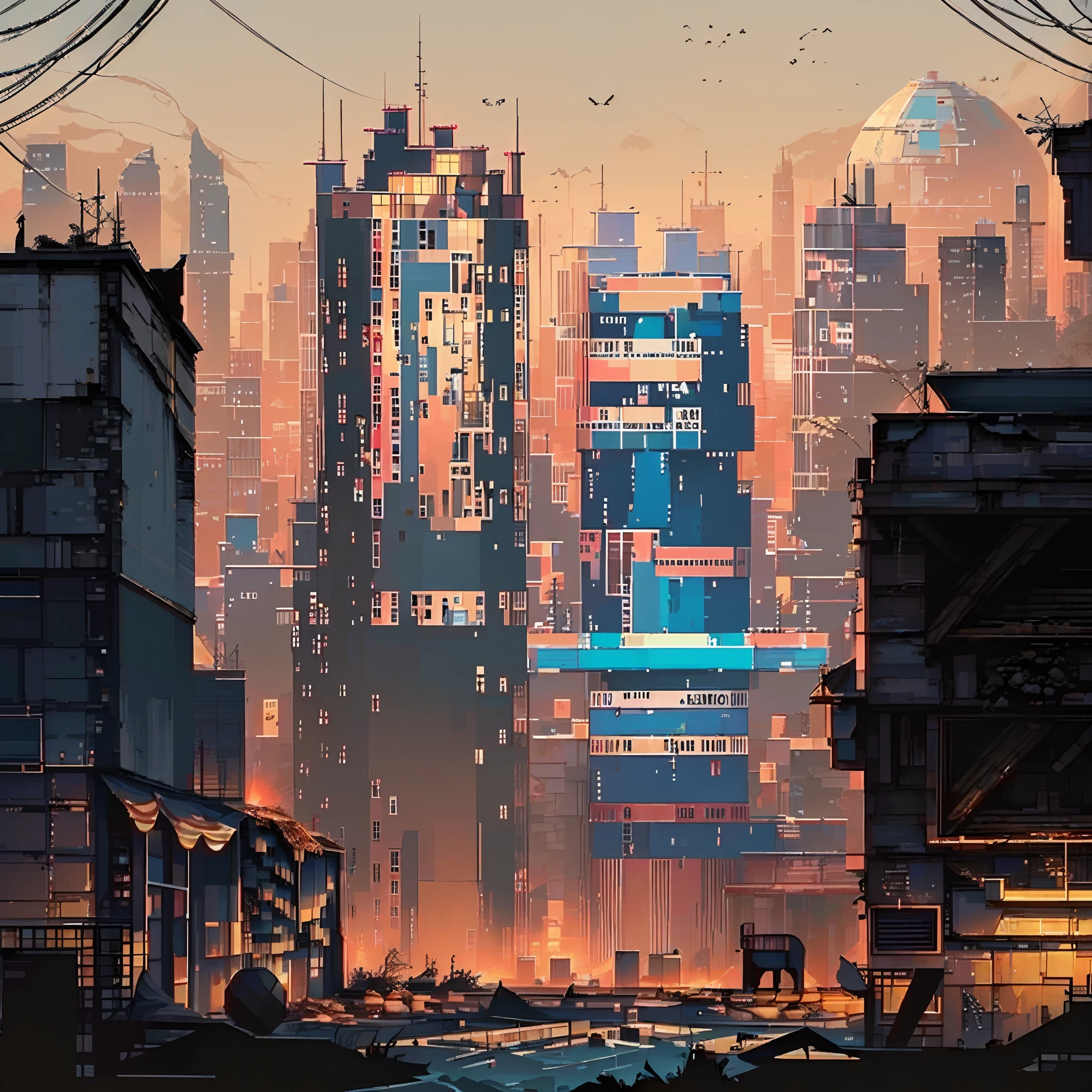 (Gray-red,blue-gold,color scheme:1.4)In a post-apocalyptic metropolis, The remains of a huge city lie in ruins, Similar to the pixelated gameplay style. Capture the view through the drone's perspective, Provides a unique fisheye lens effect. The atmosphere is full of nostalgic cyberpunk vibe, Dilapidated cars and buildings are intertwined in a mesmerizing display. The city is bathed in neon lights, Cast an eerie glow on particles of floating dust that fill the air. In the midst of desolation, Nature endures, Plants slowly regain their urban landscape with their continuous growth. The scene is a fascinating blend of futurism and decay, Create a surreal world，Remnants of the past merge with the possibilities of a new future.