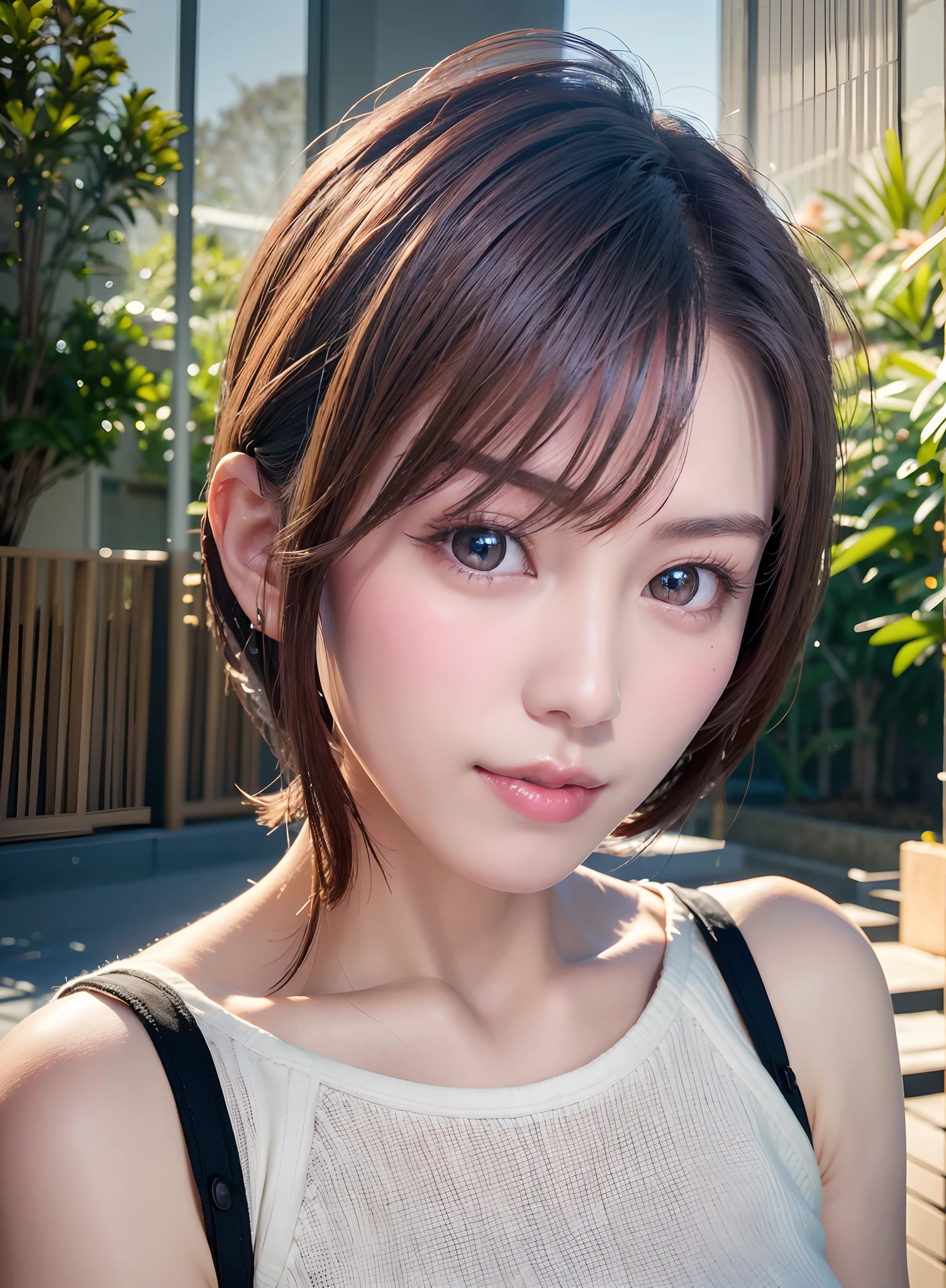 Summer knit with short hair and white, summer knit, Short hair, short hair with bangs, Cute face girl, Cute little face in portrait, French Bob, pale fair skin!!, soft portrait shot 8 k, Beautiful light eyes, Beautiful young girl, Young girl in a bob cut, Top image quality, masutepiece