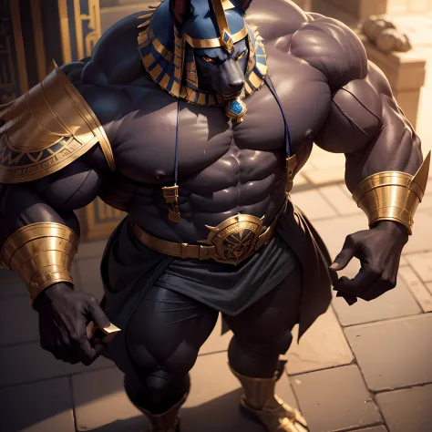 Anubis the egyptian god muscled  with huge torso , huge arms ,huge  pecs , huge lesgs , in suit with a tie like bodyguard outfit ,  full body