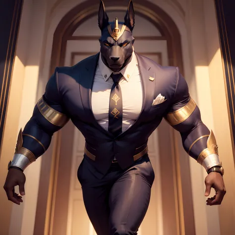 Anubis the egyptian god muscled  with huge torso , huge arms ,huge  pecs , huge lesgs , in suit with a tie like bodyguard outfit ,  full body