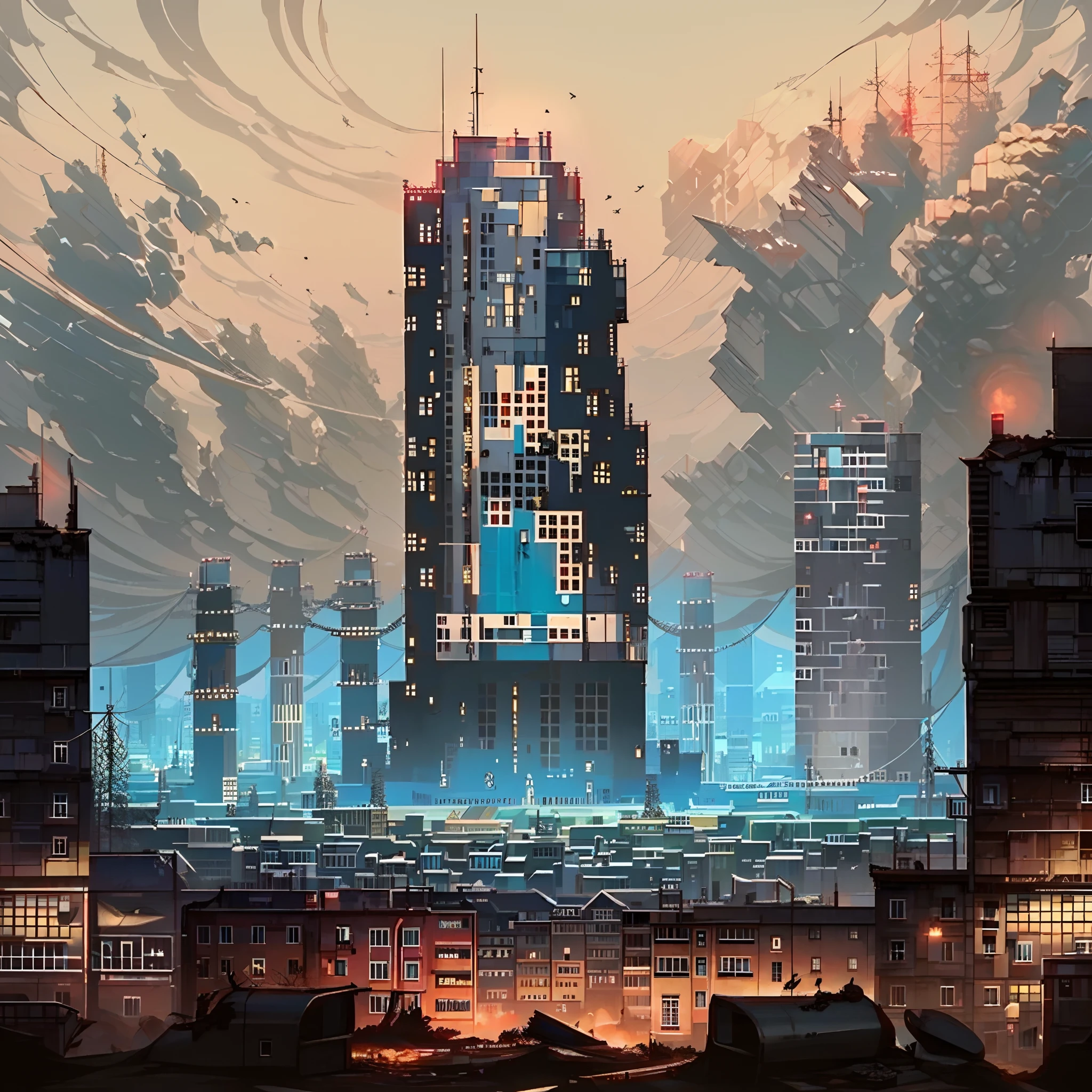 (Gray-red,blue-gold,color scheme:1.4)In a post-apocalyptic metropolis, The remains of a huge city lie in ruins, Similar to the pixelated gameplay style. Capture the view through the drone's perspective, Provides a unique fisheye lens effect. The atmosphere is full of nostalgic cyberpunk vibe, Dilapidated cars and buildings are intertwined in a mesmerizing display. The city is bathed in neon lights, Cast an eerie glow on particles of floating dust that fill the air. In the midst of desolation, Nature endures, Plants slowly regain their urban landscape with their continuous growth. The scene is a fascinating blend of futurism and decay, Create a surreal world，Remnants of the past merge with the possibilities of a new future.