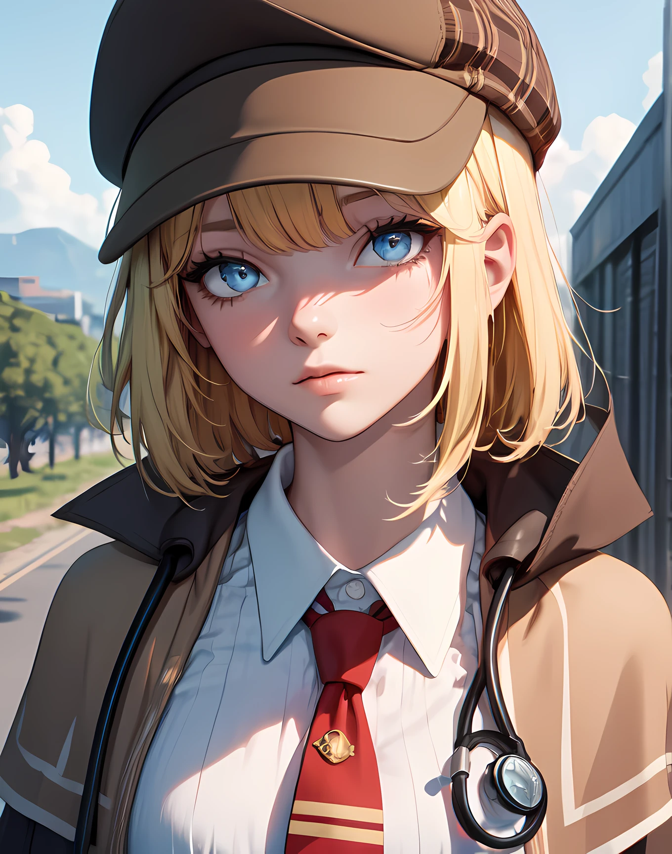 (best quality:1.1), (masterpiece:1.2), 1girl, high quality shadow, ((beautiful detailed)), (high detailed skin, skin details), (wide landscape, 8k), beautiful face, (detailed eyes), depth of field, dramatic light, best quality, highres, ((best shadow)), amelia watson, amelia_detective, collared shirt, red necktie, plaid skirt, (detective accessories:0) deerstalker, brown capelet, pocket watch, stethoscope, syringe,