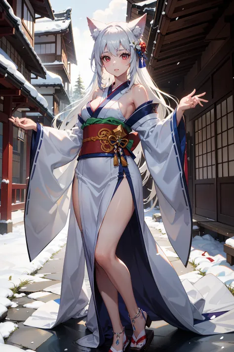 One girl with white fox ears，One big snow-white tail ,Perfect face,Radiant skin,Long silver hair up to the beautiful shoulders flowing， Large breasts,exposed bare shoulders，slim toned body，Nice sexy body，Engaging pose，Red eyes ,Five Fingers，Long legs， Japa...