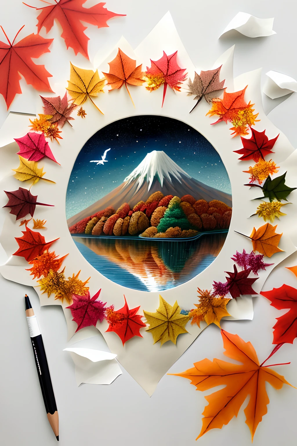 Papel japonés、Tejido、papel、Obras de arte realizadas con origami.、Dibuja fantásticamente。
El tema es el otoño.