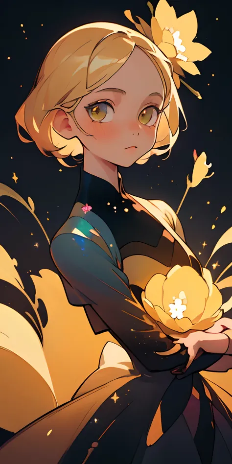(best quality, masterpiece), 1 adorable anime girl with flowers, galaxy, glitter, dress, particle, wind, flower, upper body, dark simple background, looking at viewer, blonde