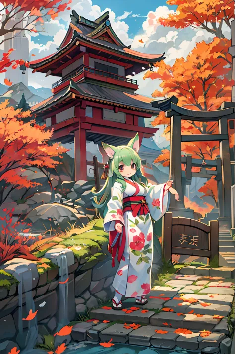 fox woman、body covered with fur、huge-breasted、kawaii、shrine maiden、japan white clothes,red hakama、torii gate,((high position))、a...