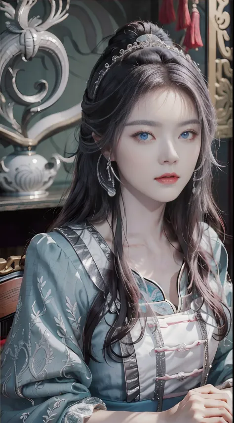 Masterpiece, Excellent, Chinese Imperial Palace, Chinese Style, Ancient China, 1 Woman, Mature Woman, Silver-White Long-Haired Woman, Gray-Blue Eyes, Pale Pink Lips, Cold, Serious, Effeminate, Bangs,