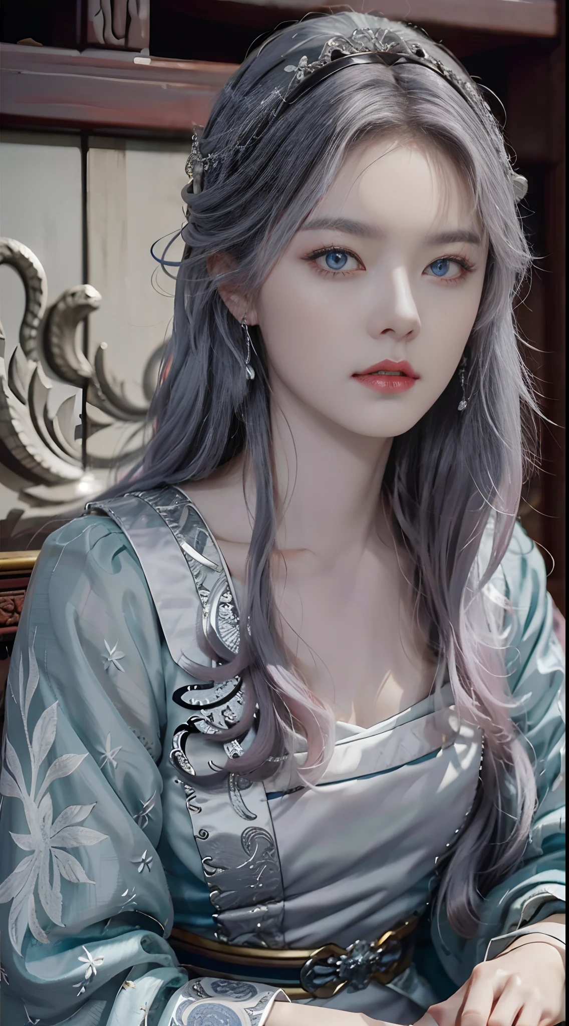 Masterpiece, Excellent, Chinese Imperial Palace, Chinese Style, Ancient China, 1 Woman, Mature Woman, Silver-White Long-Haired Woman, Gray-Blue Eyes, Pale Pink Lips, Cold, Serious, Effeminate, Bangs,