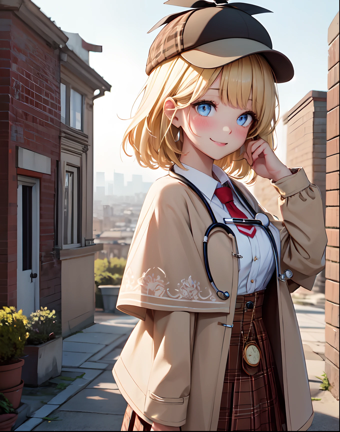 (best quality:1.1), (masterpiece:1.2), 1girl, high quality shadow, ((beautiful detailed)), (high detailed skin, skin details), (wide landscape, 8k), beautiful face, (detailed eyes), depth of field, dramatic light, best quality, highres, ((best shadow)), amelia watson, amelia_detective, collared shirt, red necktie, plaid skirt, (detective accessories:0) deerstalker, brown capelet, pocket watch, stethoscope, syringe, happy, smile, blush, blushing, cowboy shot