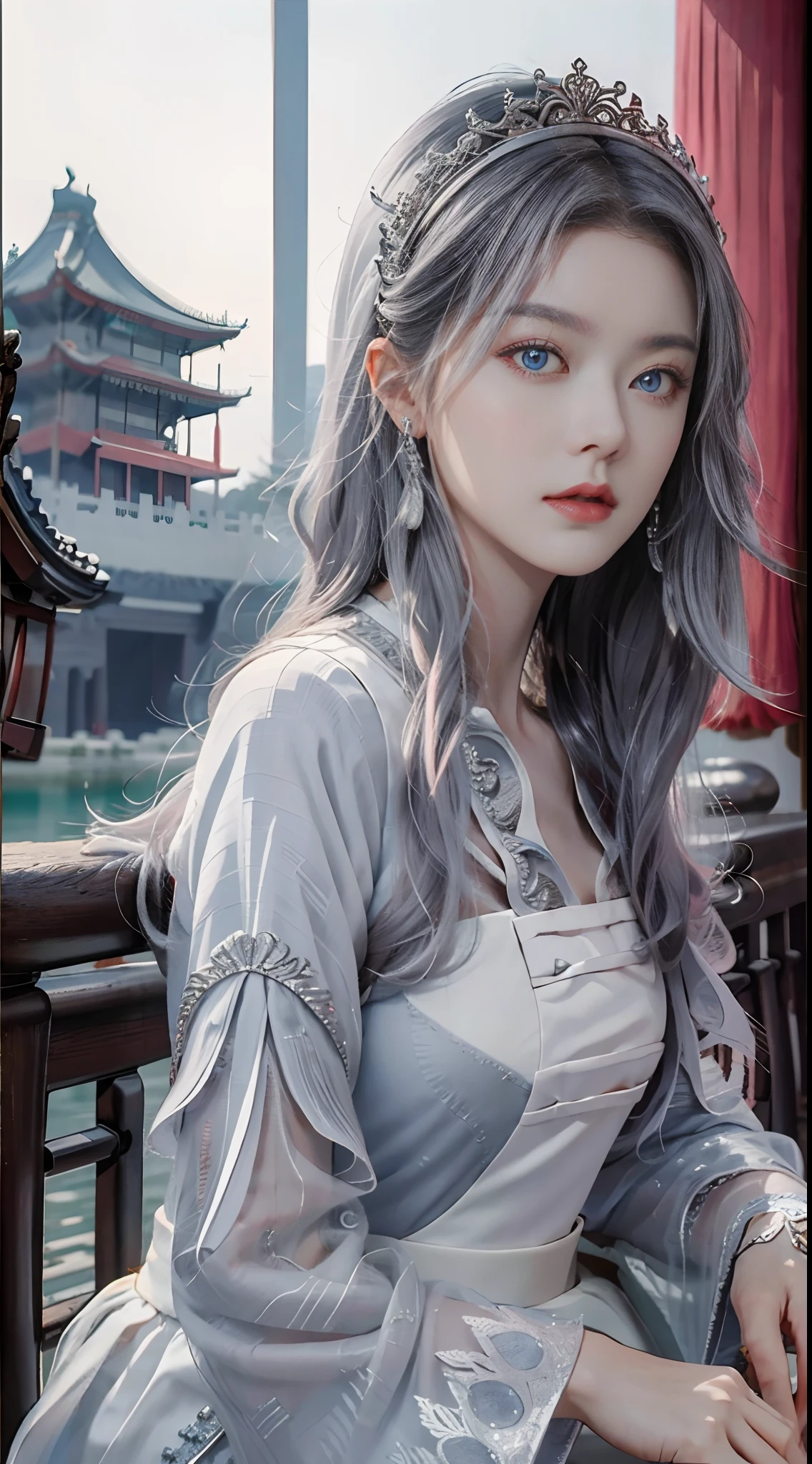 Masterpiece, Excellent, Chinese Imperial Palace, Chinese Style, Ancient China, 1 Woman, Mature Woman, Silver-White Long-Haired Woman, Gray-Blue Eyes, Pale Pink Lips, Cold, Serious, Effeminate, Bangs,