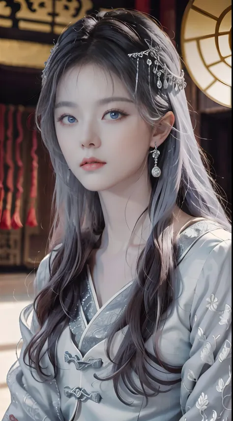 Masterpiece, Excellent, Chinese Imperial Palace, Chinese Style, Ancient China, 1 Woman, Mature Woman, Silver-White Long-Haired Woman, Gray-Blue Eyes, Pale Pink Lips, Cold, Serious, Effeminate, Bangs,