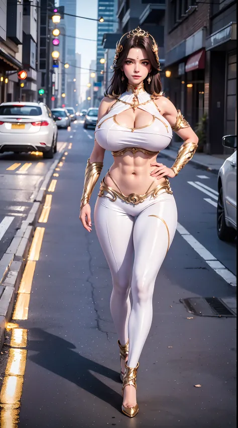1GIRL, SOLO, HAIR ORNAMENT, (HUGE FAKE BOOBS:1.3), (WHITE, GOLD, PURPLE), (SKINTIGHT CROP TOP, EMPRESS CLOAK:1.5, CLEAVAGE:1.2), (SKINTIGHT YOGA PANTS, HIGH HEELS:1.2), (SEXY BODY, MUSCLE ABS, LONG LEGS, FULL BODY VIEW:1.5), (LOOKING AT VIEWER:1.5), (WALKI...