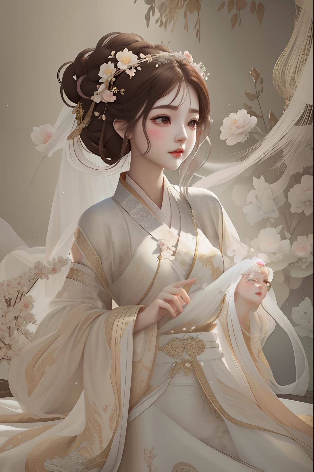 there is a woman in a white dress holding a flower, Ethereal beauty, Beautiful digital artwork, Beautiful character painting, Palace ， A girl in Hanfu, Ethereal fantasy, a beautiful woman in white aodai, style of wlop, White Hanfu, A beautiful artwork illustration, a stunning young ethereal figure, a beautiful fantasy empress, elegant lady with alabaster skin