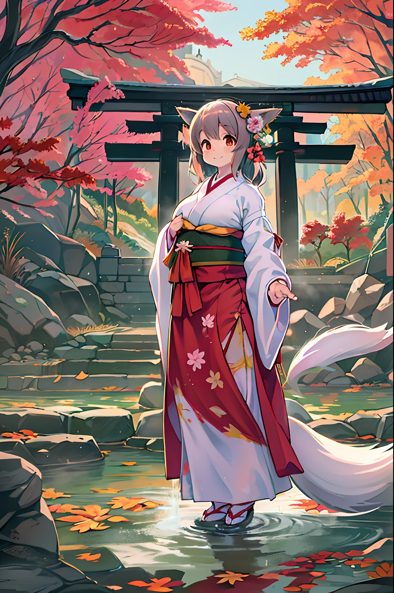 Anime girl in kimono outfit standing in water with a red and white fox -  SeaArt AI