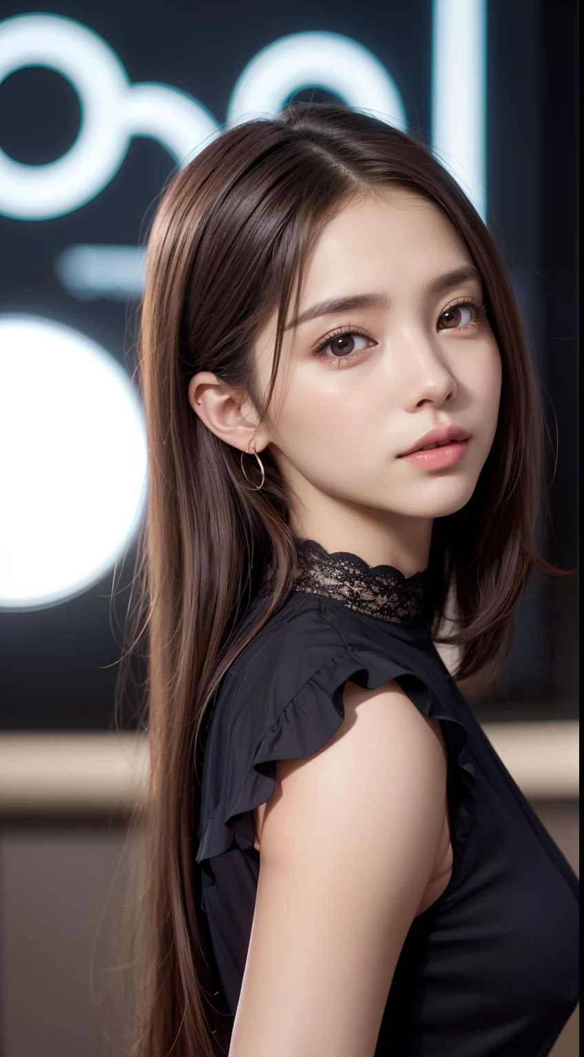 8k, Tabletop, RAW photo, The best quality, photorealistic, highly detailed CG Unity 8k wallpaper, Depth of fields, cinematiclight, Lens flare, ray tracing, (extremely beautiful face, Beautiful lips, beautiful eyes), Intricate detail face, ((ultra detailed skin)) 1girl in, In the dark, deep shadow, Pretty Korean girl, Kpop idol, 1 girl, (Cuerpo musculoso very thin y delgado:1.3), ((looking at the viewer)),(big smile:1.3), (Midnight, a dark night, (neon sign), (blurred background), low light), (There are no people in the background:1.3), Beautiful earrings, bracelet, collar, shackles, light eyes, andante , Front shot, (Pale skin), (large eyes), Face forward, (Full body shot), (brown hairs), open navel, (looking at the viewer:1.3), very thin, medium breasts, (camel toe), thick thighs, Go back, (billowing mini dress), ((White collar dresses)), (Tight skirt), ((back, rear shot)), Ultra miniskirt, exposed, Upper plane