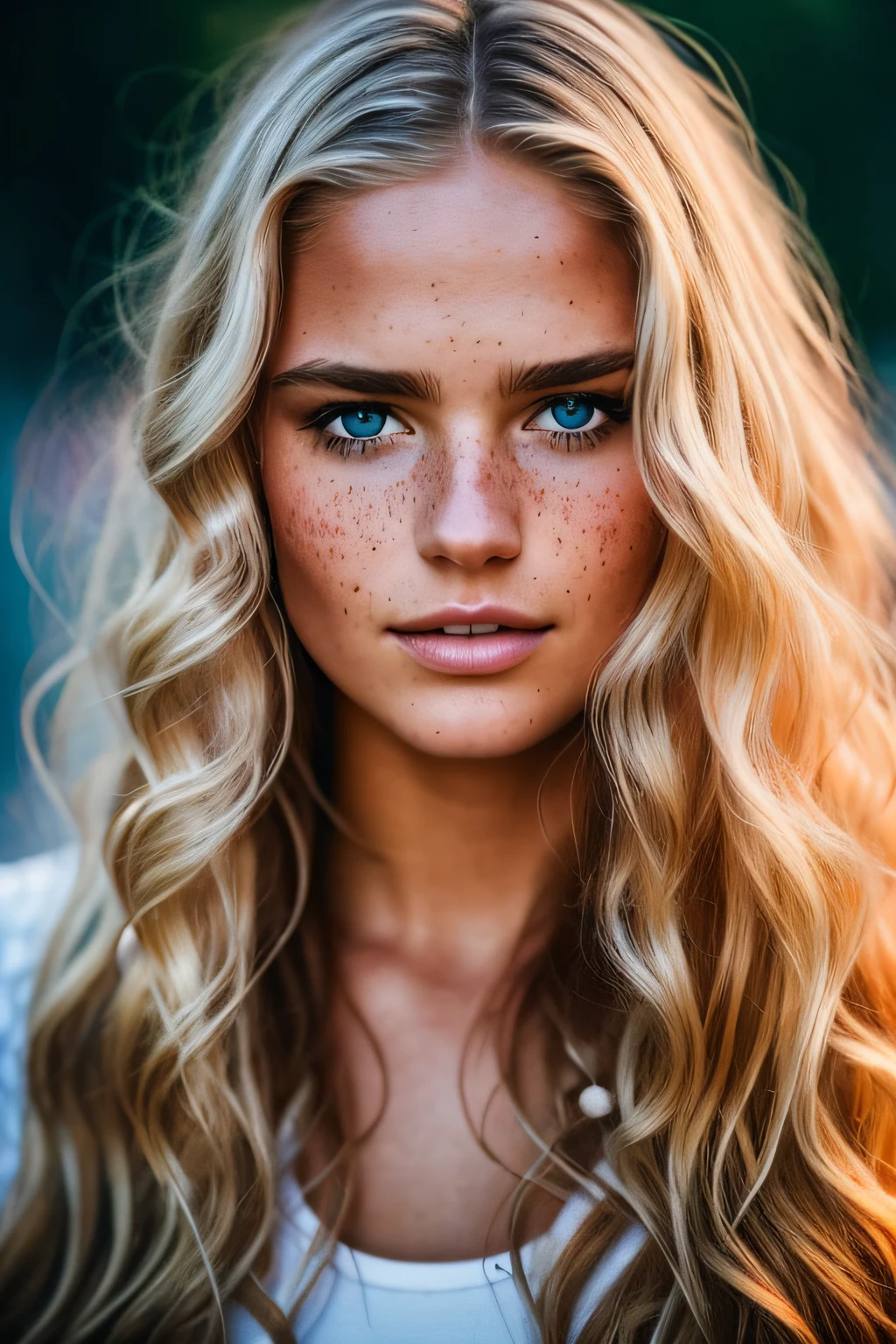 Professional portrait photo of a gorgeous Norwegian girl with a crowded outdoor night in the background, long wavy blonde hair, sultry sexy look, (freckles), gorgeous symmetrical face, cute natural makeup, realistic, concept art, elegant, highly detailed, complex, sharp focus, depth of field, f/1. 8, 85mm, mid, mid, (professional color grading)), clear focus, bright soft diffuse light, (volumetric fog), popular on Instagram, HDR 4K, 8K, fat
