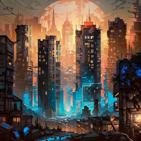 (Gray-red,blue-gold,color scheme:1.4)In a post-apocalyptic metropolis, The remains of a huge city lie in ruins, Similar to the pixelated gameplay style. Capture the view through the drone's perspective, Provides a unique fisheye lens effect. The atmosphere...