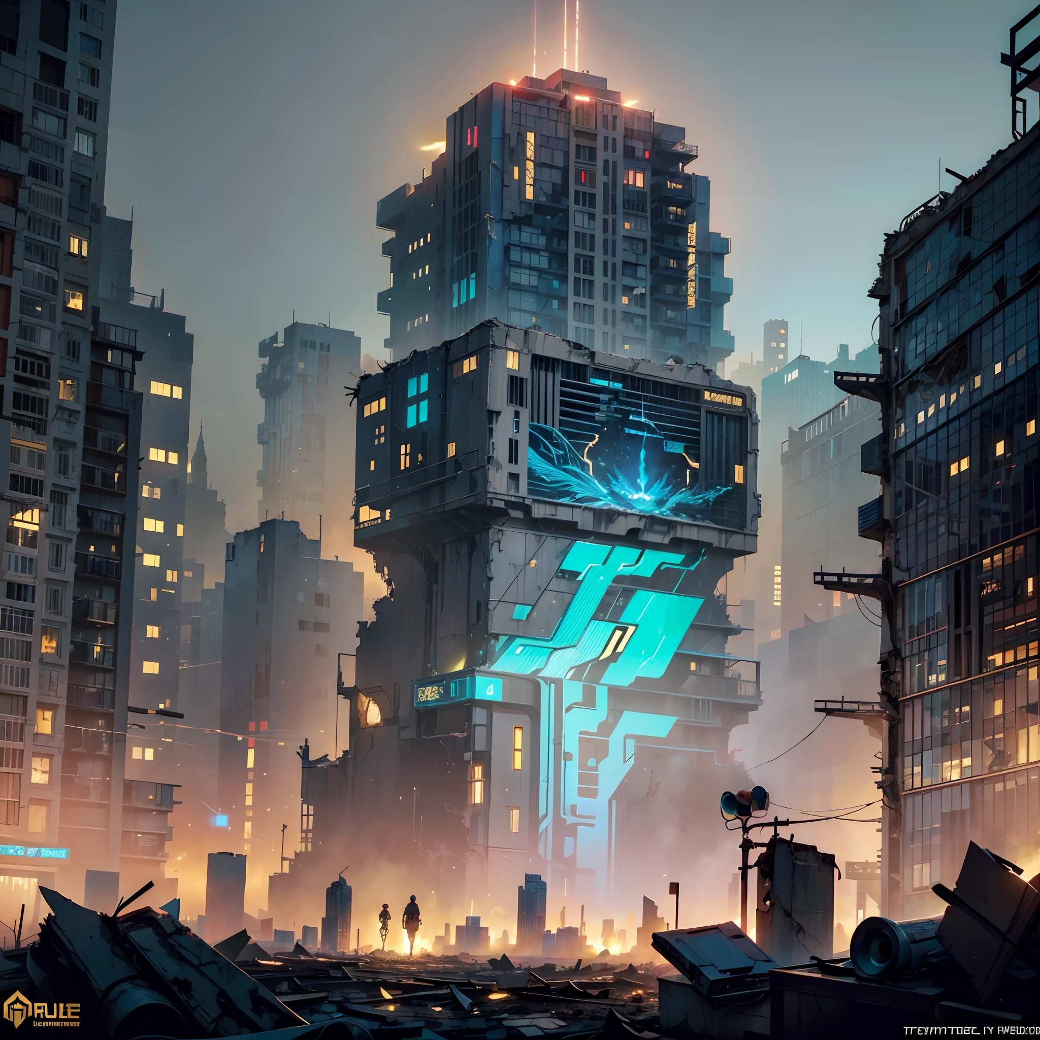 (Gray-red,blue-gold,color scheme:1.4)In a post-apocalyptic metropolis, The remains of a huge city lie in ruins, Similar to the pixelated gameplay style. Capture the view through the drone's perspective, Provides a unique fisheye lens effect. The atmosphere is full of nostalgic cyberpunk vibe, Dilapidated cars and buildings are intertwined in a mesmerizing display. The city is bathed in neon lights, Cast an eerie glow on particles of floating dust that fill the air. In the midst of desolation, Nature endures, Plants slowly regain their urban landscape with their continuous growth. The scene is a fascinating blend of futurism and decay, Create a surreal world，Remnants of the past merge with the possibilities of a new future.