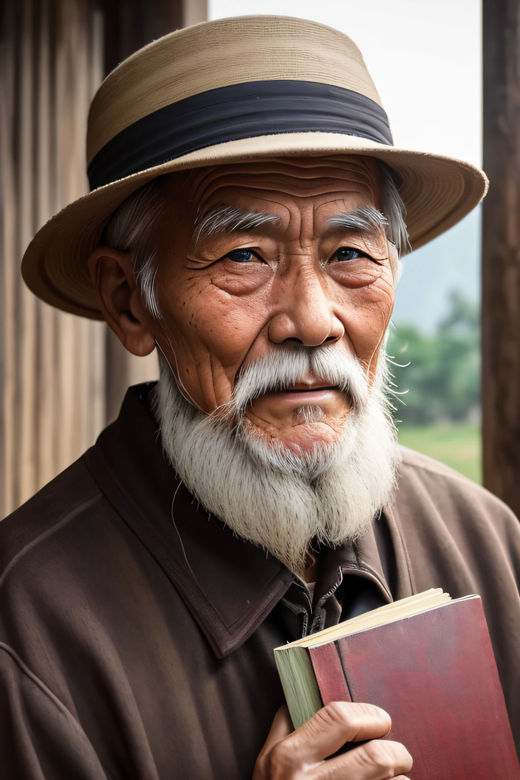 An old man with traditional Chinese thinking，Real frontal photos，Authentic background，The background is nature，Holding a book，worn-out clothing，Face full of wrinkles，80-year-old man，Wise eyes，The beard is white，male people，country style