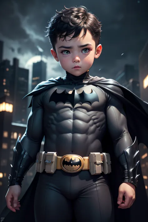 a baby boy Batman, cute pose, very cute, detailed face, detailed fat body, detailed outfit (reality: 1.4), (A hyper-realistic), (high resolution), (8K), (highly detailed), ( Best Illustration), (detailed eyes), (ultra-detailliert), Bright lighting, Profess...
