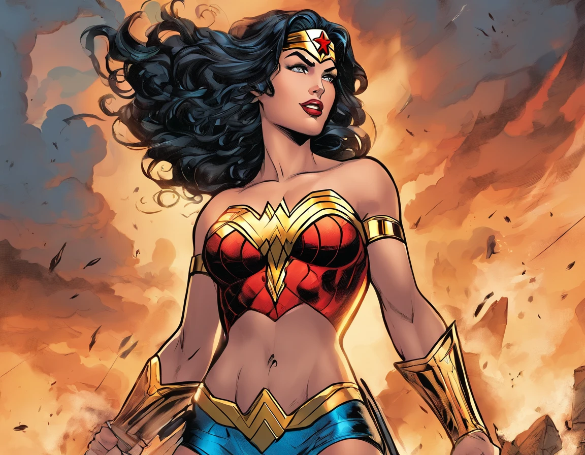 Wonder woman standing in front of a fire - SeaArt AI