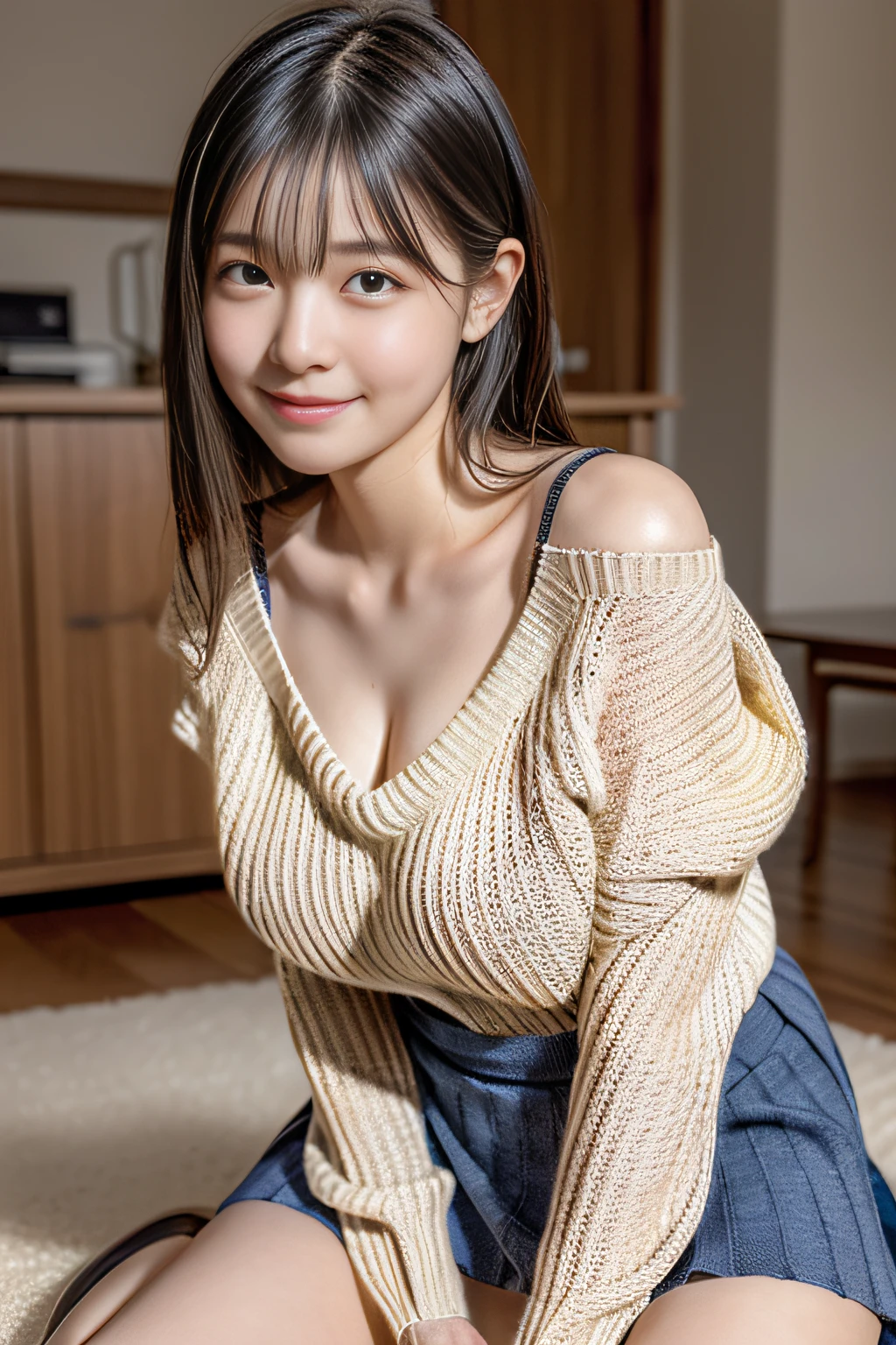 Enhanced dynamic perspective，Cute cute beautiful girl、15yo student, (Huge breasts:1.3), busty, Flowing sweat, narrow shoulder,((V-neck sweater:1.3)), Wool, Oversize, (((Mini skirt)))、Get down on one knee, Spread legs, Leaning forward, Put one hand on the floor, see through,Look at me and smile，simple backgound，Works of masters，high quarity，4K resolution，super-fine，Detailed pubic hair，acurate，Cinematic lighting，Leaves the original facial proportions