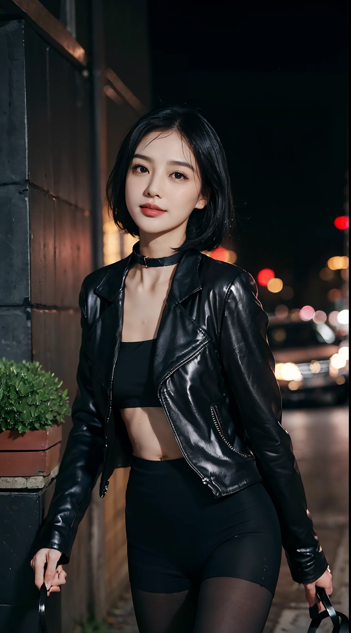 (Small underboob,small heads)), (perfect bodies: 1.1), (shoulder length straight short hair:1.0),(black hair:1.5),attractive collarbone，（Extremely detailed CG 8k wallpaper），（Extremely refined and beautiful），（masterpiece），（best qualtiy：1.0），（Ultra-high resolution：1.0）,[A high resolution]，cheerfulness，smile,(Smooth and flawless fair skin:1.5),(shiny skin:1.5),(Exquisite Makeup:1.3),ultra - detailed ，Elongated legs,(Small breasts:1.1),Flat chest,underboob,Slim,emaciated,(black dog collar:1.5),(black jacket:1.5),(black fullbodypantyhose:1.4),Cleavage,autumn, in residential areas,high-rise residential buildings,in garden,on path,(running:1.5),(Hair flying:1.3),(open mouth:1.2) ,(female orgasmic:1.3), (blush:1.3),(sweat:1.6),upper body,(close shot:1.3),(cowboy shot:1.3),(Passport photo:1.5),At night,(night scene:1.5),dark light,