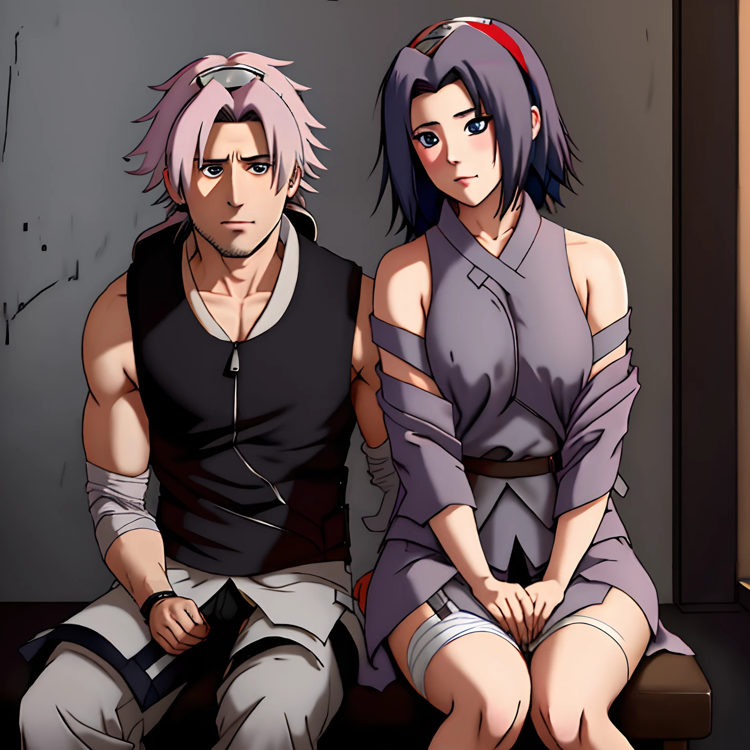 A dark-haired girl sat on Kakashi's lap，Kakashi held the black-haired girl in his arms。The dark-haired girl was wrapped in bandages，Kakashi was naked in his upper body。