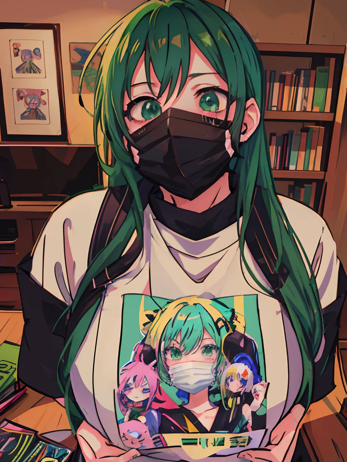 Chica anime con cabello verde con una máscara y sosteniendo un libro -  SeaArt AI