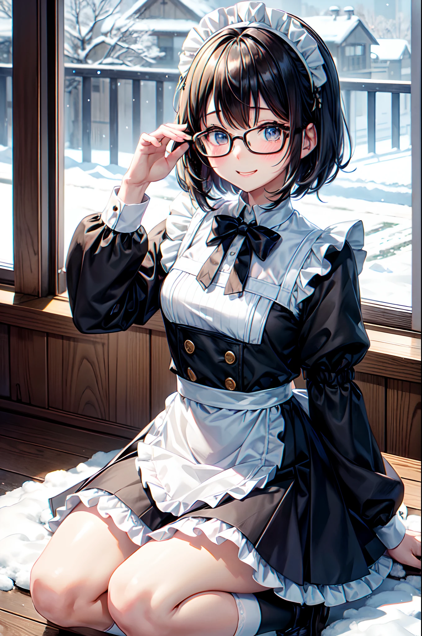 Anime girl in a maid outfit sitting on a floor in front of a window -  SeaArt AI