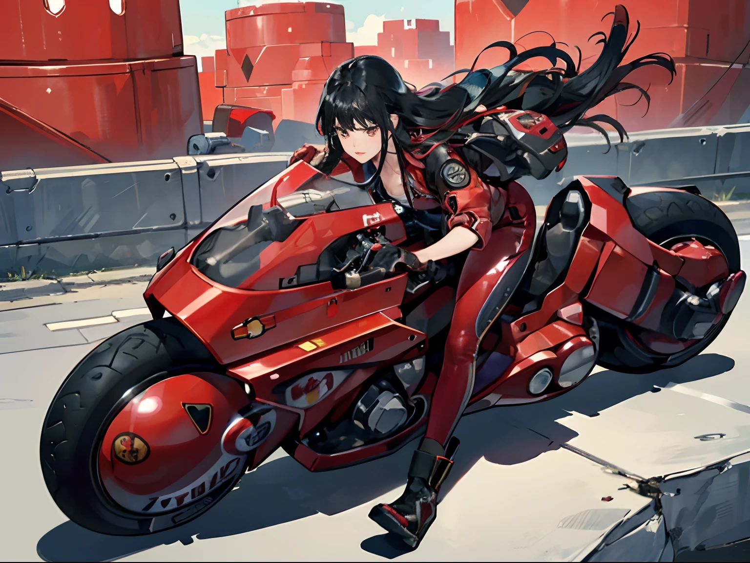 (Best Quality,4K,High resolution), high-level image quality、High quality pixels、Resolution up、Woman in long work clothes with long hair、Motorcycle Red、Emphasizes keeping black hair in a red metallic color、Realistic depiction with delicate details、Facial expression close-up