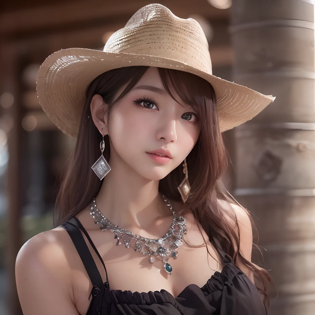 (k, RAW photo, best quality, masterpiece:1.4), (realistic, photo-realistic:1.3), (20 years old), (1girl:1.5), (medium breasts), show cleavage, Luxurious dresses,  (Insanely intricate cute face and eyes), ((face shot:1.2)), especially strong light, (upper eyes), shiny skin, (dark brown hair, semi-long cut:1.2), (flash:1.2), ((seductive posture:1.2, attractive:1.2)), ((good anatomy: 1.2)), perfect face:1.2, portrait, cowboy shot, close up:1.3, (charming smile), makeup, lipgloss, blush cheeks, Detailed teeth, Detailed mouth, a necklace, piercings, Bracelet, break, (in the park)