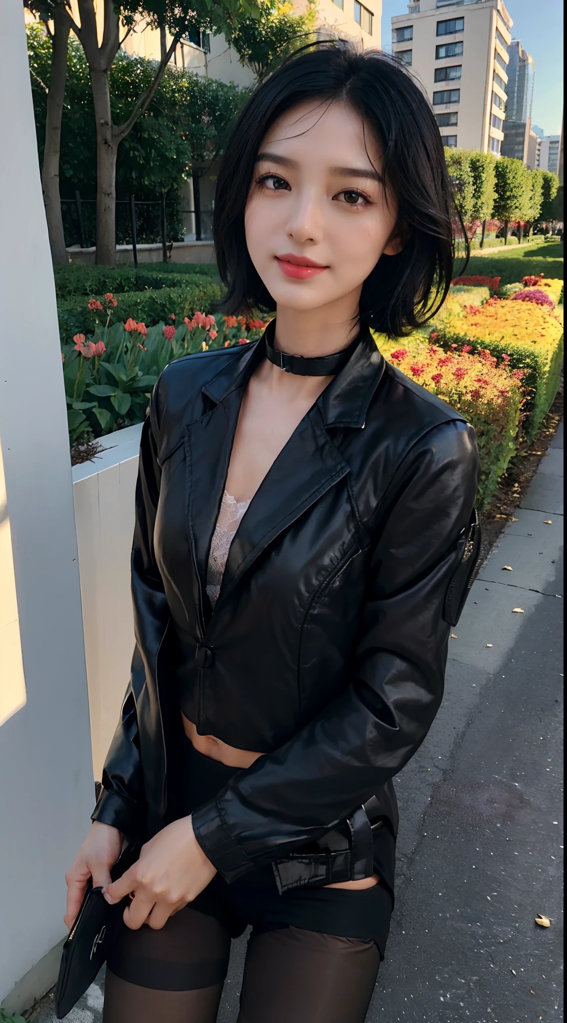 (Small underboob,small heads)), (perfect bodies: 1.1), (shoulder length straight short hair:1.0),(black hair:1.5),attractive collarbone，（极其细致的CG 8k壁纸），（Extremely refined and beautiful），（masterpiece），（best qualtiy：1.0），（超高分辨率：1.0）,[A high resolution]，cheerfulness，smile,(Smooth and flawless fair skin:1.5),(shiny skin:1.5),(Exquisite Makeup:1.3),ultra - detailed ，Elongated legs,(Small breasts:1.1),Flat chest,underboob,Slim,emaciated,(black dog collar:1.5),(black jacket:1.5),(black fullbodypantyhose:1.4),Cleavage,autumn, in residential areas,high-rise residential buildings,in garden,on path,(running:1.5),(Hair flying:1.3),(open mouth:1.2) ,(female orgasmic:1.3), (blush:1.3),(sweat:1.6),upper body,(close shot:1.3),(cowboy shot:1.3),(Passport photo:1.5),morning,(day scene:1.5),bright sunshine,