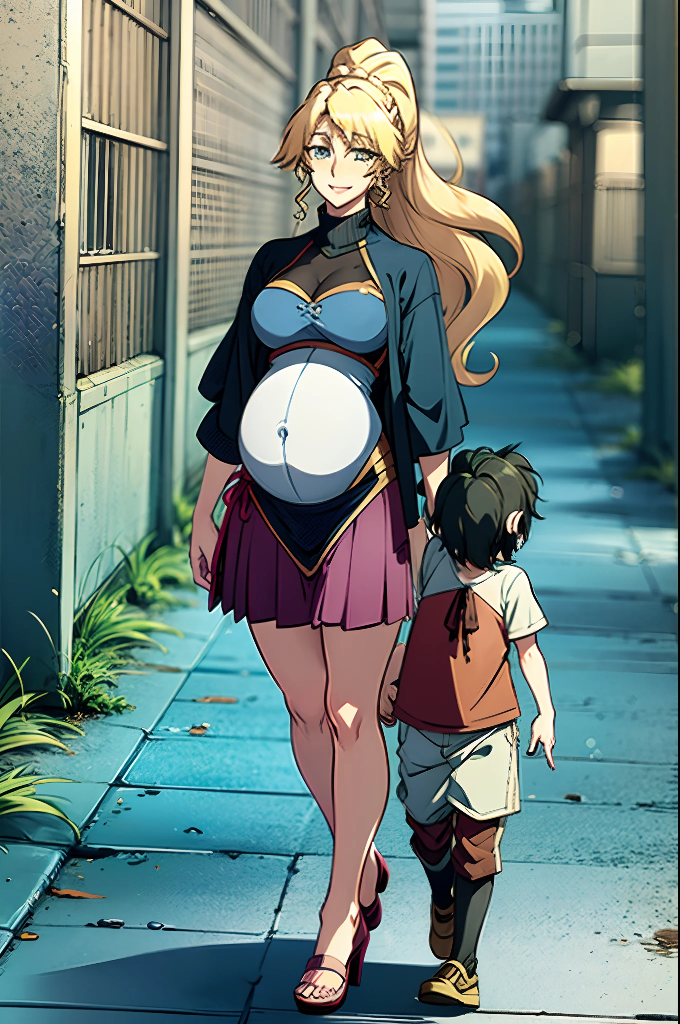 Anime character with a pregnant belly walking down a sidewalk with a child  - SeaArt AI