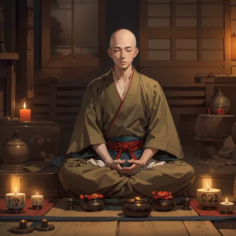 (masterpiece, best quality:1.2), (1man, solo), (25years old:1.1), (full body, sitting with YOGA meditation), Japanese monk's wor...