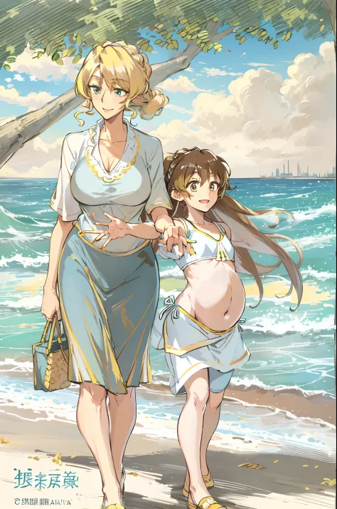 masterpiece, best quality, 1girl, alicetaria,blonde hair, l, mother and son , mom and shota, long hair, ponytail, blue eyes, blue shirt, pleated skirt, solo, simple background, bikini, beach, , alicetaria and son, motherly, walking, family, mother and chil...