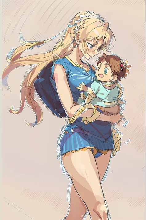 masterpiece, best quality, 1girl, alicetaria,blonde hair, l, mother and son , mom and shota, long hair, ponytail, blue eyes, blue shirt, pleated skirt, solo, simple background, bikini, beach, , alicetaria and son, motherly, walking, family, mother and chil...