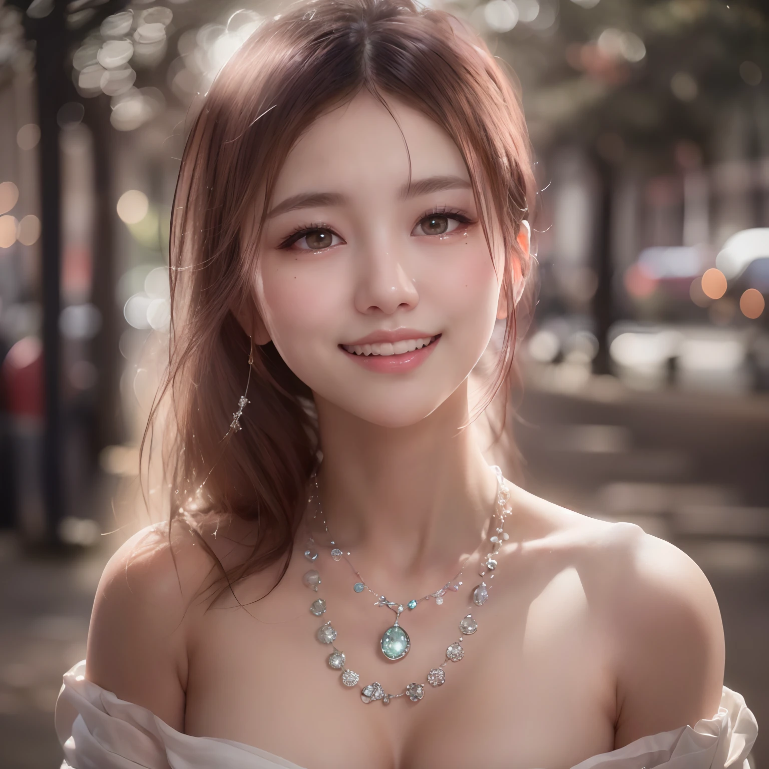 (64k, RAW photo, best quality, masterpiece:1.4), (realistic, photo-realistic:1.3), (20 years old), (1girl:1.3), (medium breasts), show cleavage, Luxurious dresses,  (Insanely intricate cute face and eyes), ((face shot:1.2)), especially strong light, (upper eyes), shiny skin, (dark brown hair, semi-long cut:1.2), (flash:1.2), ((seductive posture:1.2, attractive:1.2)), ((good anatomy: 1.2)), perfect face:1.2, portrait, close up:1.3, (charming smile), makeup, lipgloss, blush cheeks, Detailed teeth, Detailed mouth, a necklace, piercings, Bracelet, break, (in the park)