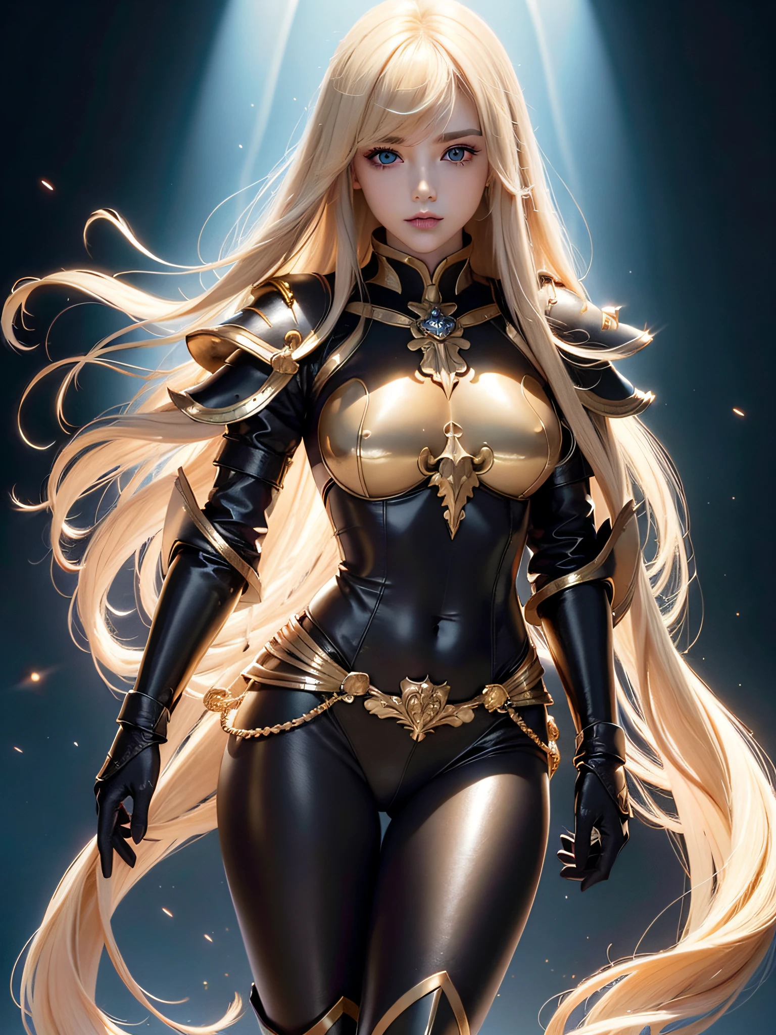 Unparalleled beauty, Lustrous firm and shiny skin, Bangs between the eyes, Glossy Straight Beautiful Dazzling Golden Platinum Blonde, Super Long Straight Silky Hair, eye line, Sexy beautiful innocent 14 years old, High definition big beautiful bright blue eyes, Beautiful and nice girl, Baby face, Full body jet black armor、full-plate-armor、Beautiful big eyes、