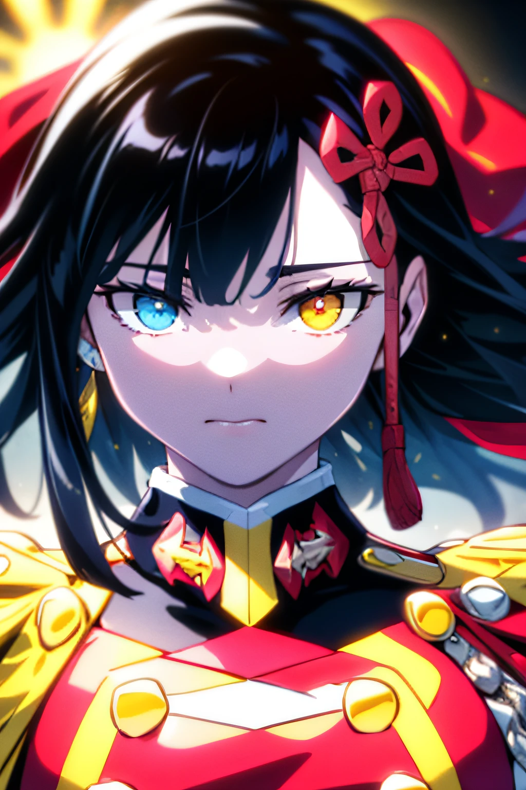 best quality,masterpiece,Master piece,extremely detailed CG unity 8k,cinemic lighting, yamashiro768, gloves, red cape, very long hair, closeup , heterochromia , White and black hair , beautiful eyes , beautiful face , high quality eye detail , high quality face , ultra high quality facial expression ,