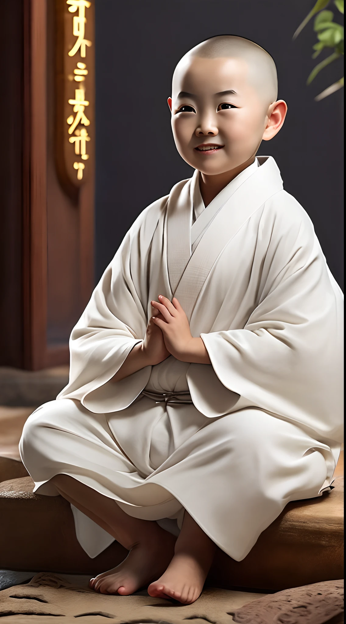 A cute Chinese female monk sits cross-legged, shaved head，Wearing a traditional white translucent robe ，The smile is bright，Age 10 years，Q version，Cute big eyes and very cute, Detailed facial features. Her body is delicate and chubby, And her clothes are intricately designed. The image has photorealistic quality，The scale is 1.4. It has a surrealist art style，Lighting in scenes with 8K clarity resolution is bright and professional, Emphasis on traditional architecture and moonlight background.