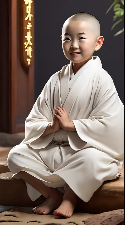 A cute Chinese female monk sits cross-legged, shaved head，Wearing a traditional white translucent robe ，The smile is bright，Age ...